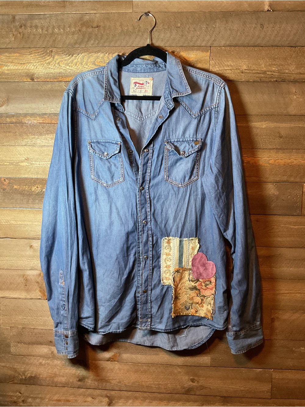 Upcycled Diesel Industry Denim Western Pearl Snap Shirt Heart Patchwork Size XL
